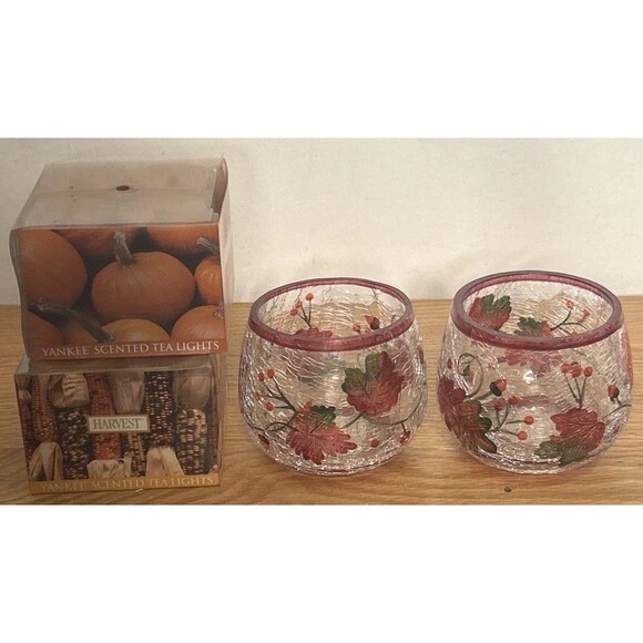 Yankee Candle Votive Holder Set (2) Crackle Glass Fall Leaf Harvest Pumpkin Sent - Picture 1 of 4